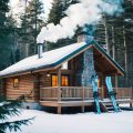 A cozy cabin nestled in a snowy forest, with smoke coming out of the chimney and snow skis leaning against the front porch.