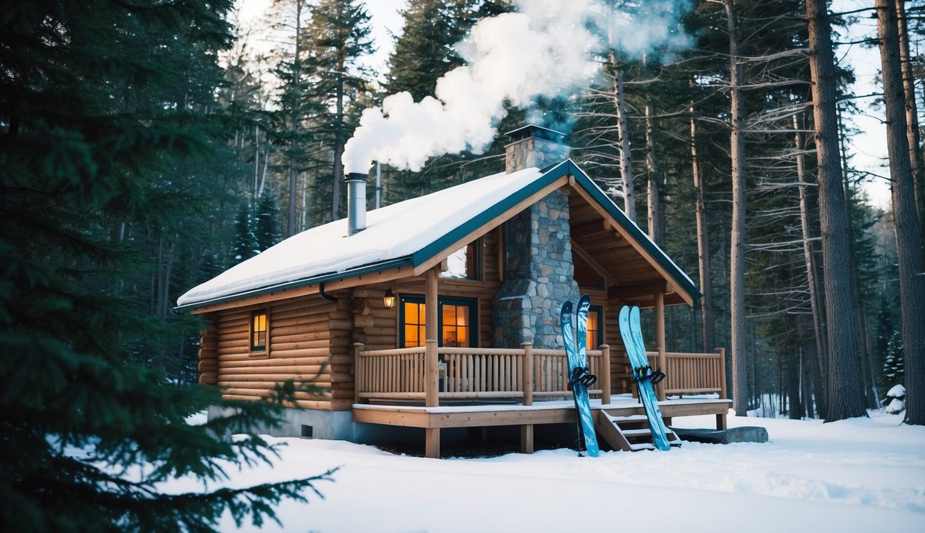 A cozy cabin nestled in a snowy forest, with smoke coming out of the chimney and snow skis leaning against the front porch.