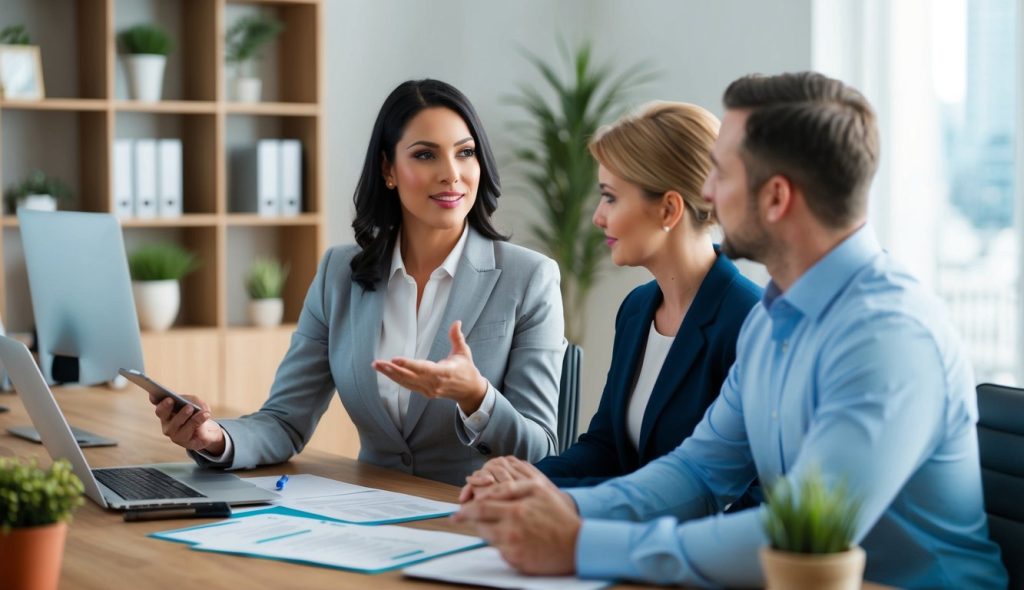 A female CPA discussing tax deductions on a vacation rental property with two investors in her office.