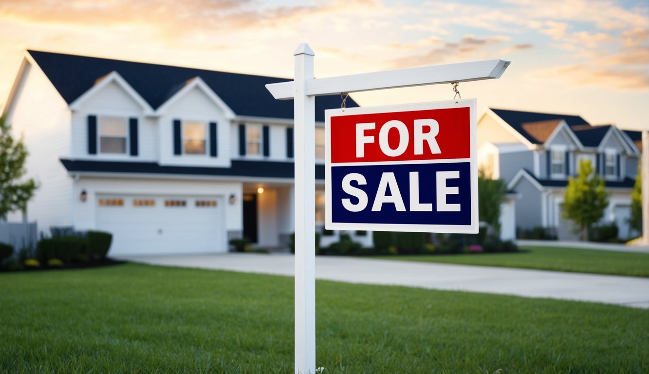 A house with a "For Sale" sign in front of it, surrounded by similar houses in a suburban neighborhood