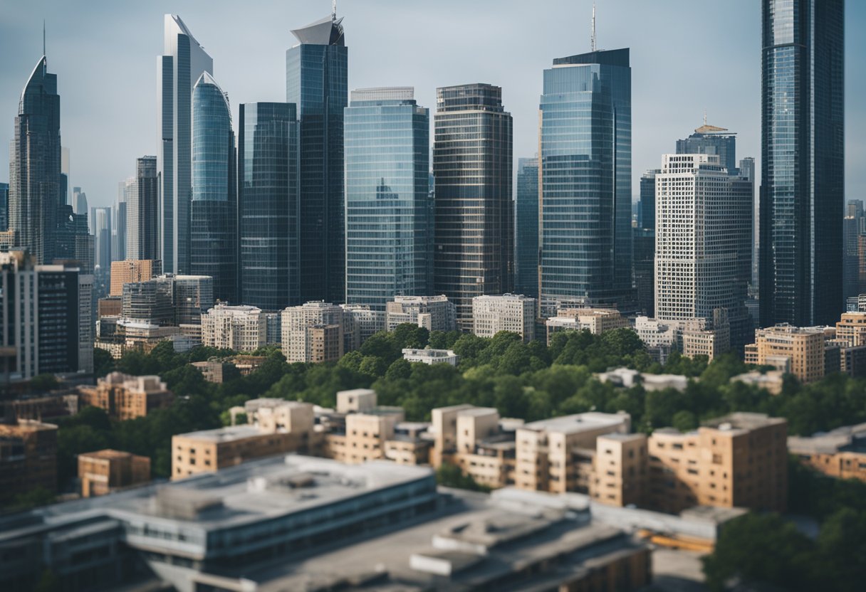 A bustling city skyline with skyscrapers and office buildings, surrounded by construction sites and real estate development projects