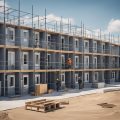 A modern prefab hotel being constructed with workers assembling the modular units on a sunny construction site