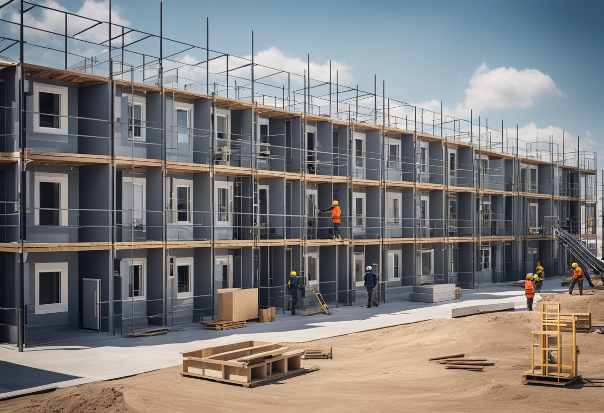 A modern prefab hotel being constructed with workers assembling the modular units on a sunny construction site