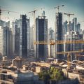 A city skyline with various construction sites and cranes, alongside a graph showing an upward trend in building permits