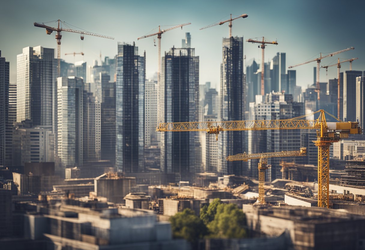 A city skyline with various construction sites and cranes, alongside a graph showing an upward trend in building permits