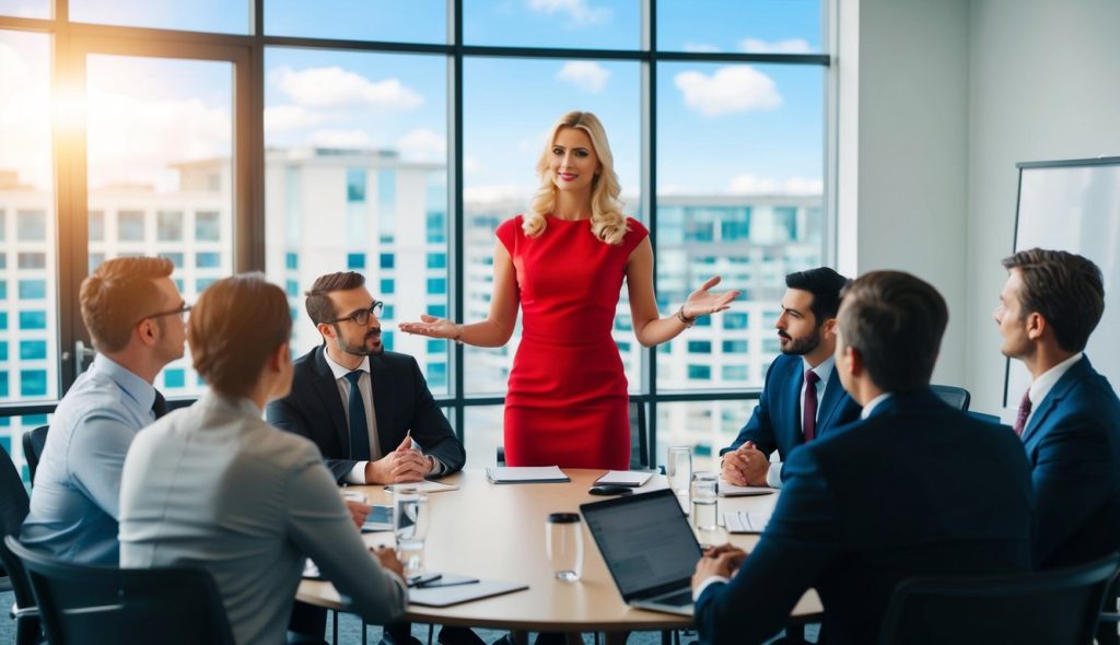 A group of real estate research analysts meeting in a conference room to discuss the impact of building permits on future housing demand. A blond analyst in a red dress is standing in front of the group and leading the presentation, while outside of the conference room window we can see office buildings and a sunny sky.