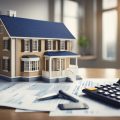 A house with a "For Sale" sign and a calculator showing 80% on a table with real estate documents