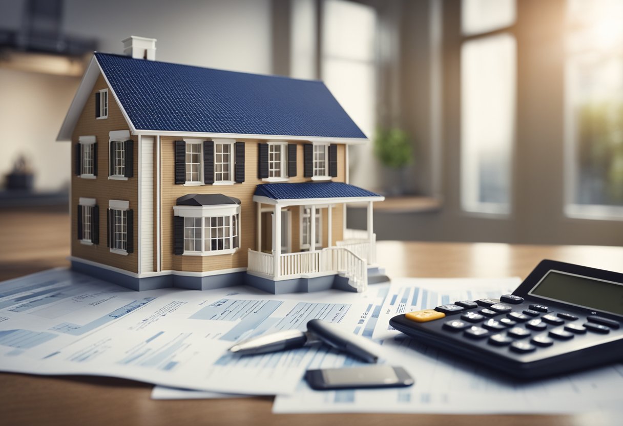 A house with a "For Sale" sign and a calculator showing 80% on a table with real estate documents