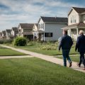 A row of houses, some with "For Sale" signs and others boarded up, surrounded by overgrown lawns and neglected landscaping with two real estate investors walking down the sidewalk.