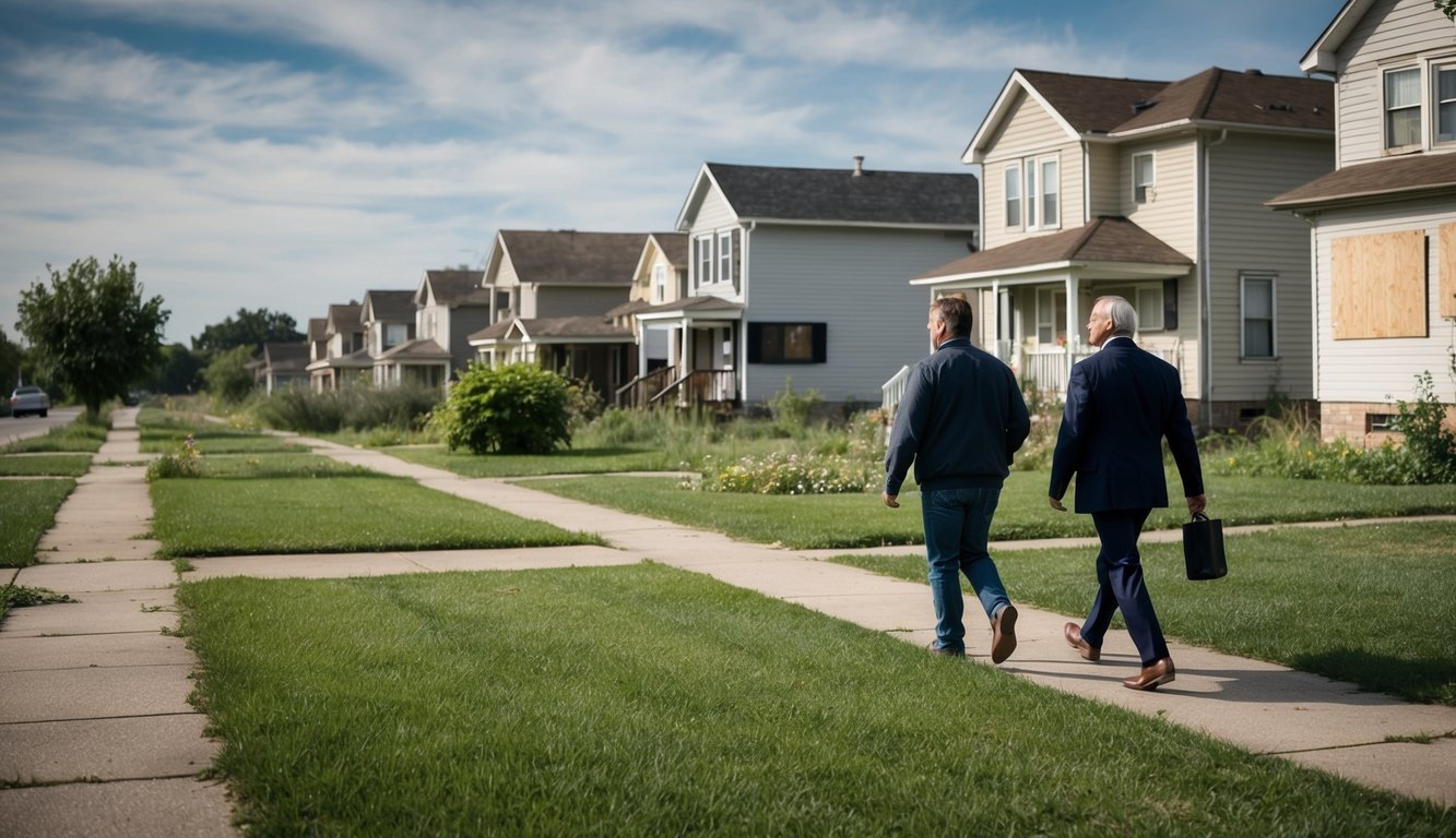 A row of houses, some with "For Sale" signs and others boarded up, surrounded by overgrown lawns and neglected landscaping with two real estate investors walking down the sidewalk.