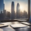 A desk with a laptop, pen, and stack of papers. A window overlooks a city skyline. A "For Sale" sign is visible outside