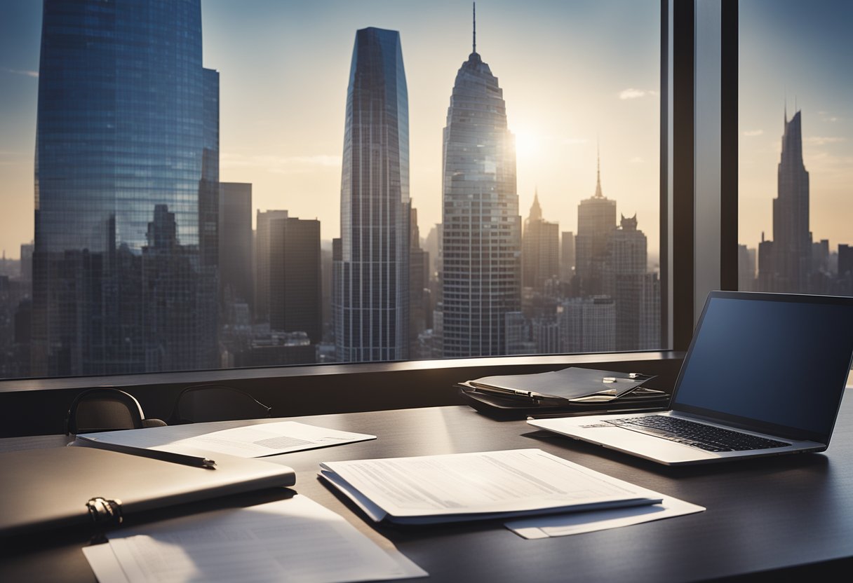 A desk with a laptop, pen, and stack of papers. A window overlooks a city skyline. A "For Sale" sign is visible outside