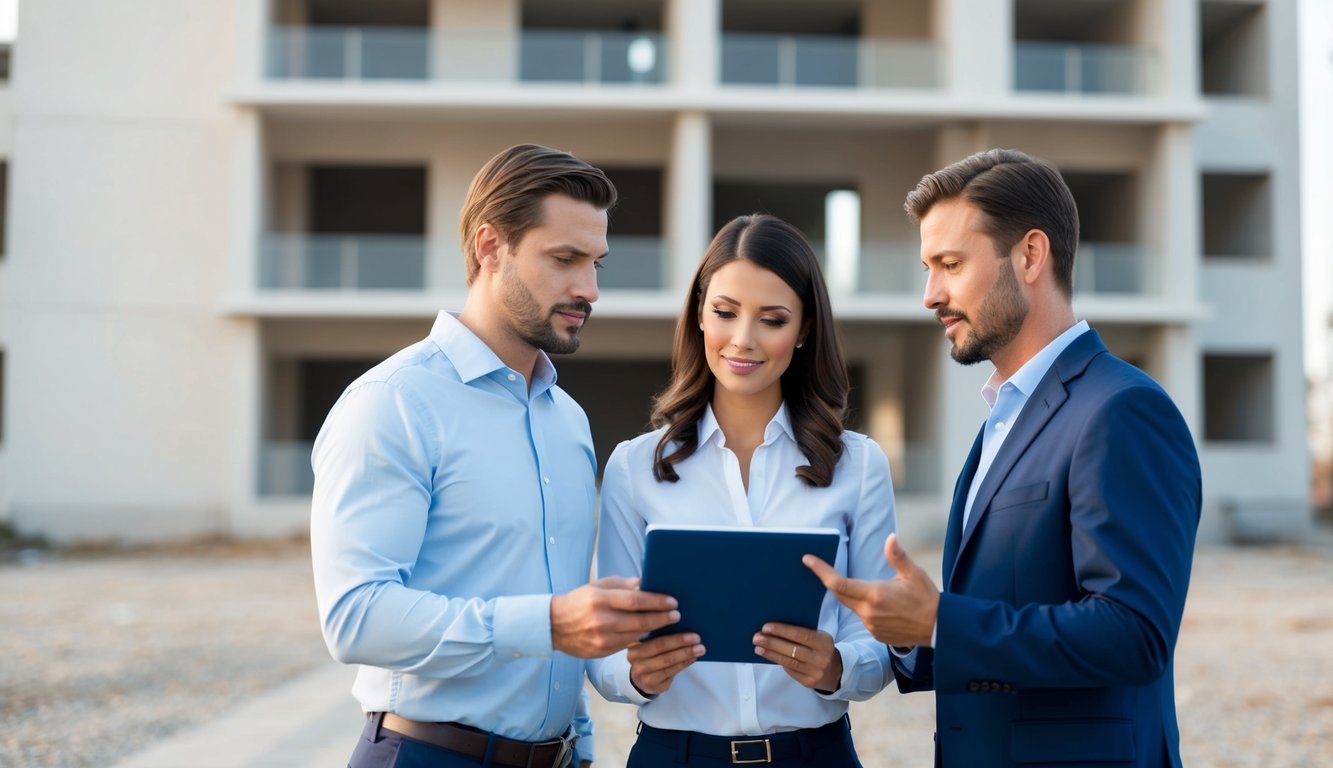 A real estate investing team standing in front of a vacant building discussing the investment opportunity the property represents.