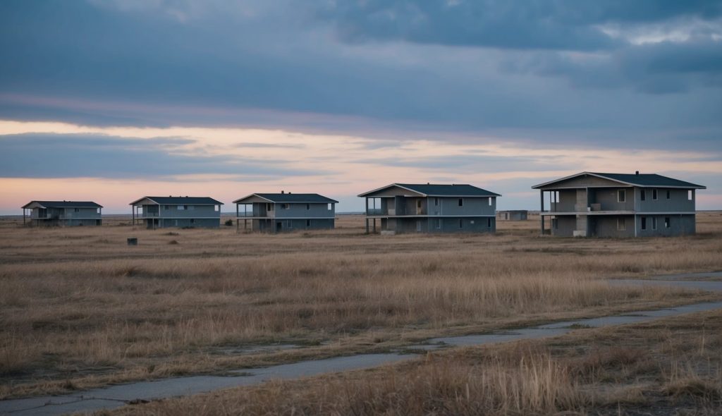 A barren landscape with abandoned buildings and foreclosure signs, symbolizing the impact of recession on real estate investing