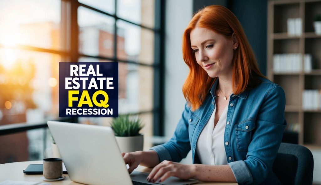 A woman with red hair browsing a website with a list of frequently asked questions about real estate investing during a recession