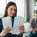 An male apartment manager holds a stack of unpaid bills, while a frustrated female tenant avoids eye contact, searching in her purse for money to pay the rent.