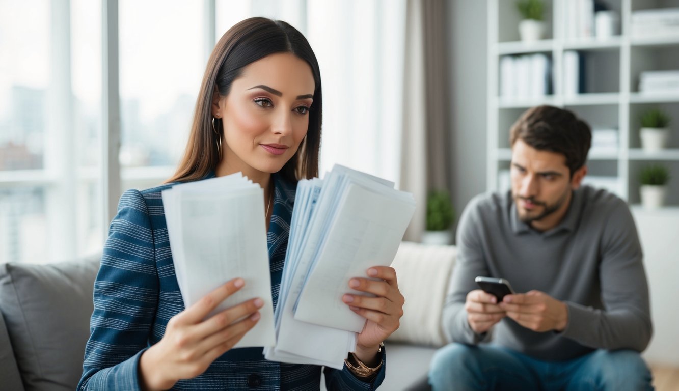 An male apartment manager holds a stack of unpaid bills, while a frustrated female tenant avoids eye contact, searching in her purse for money to pay the rent.