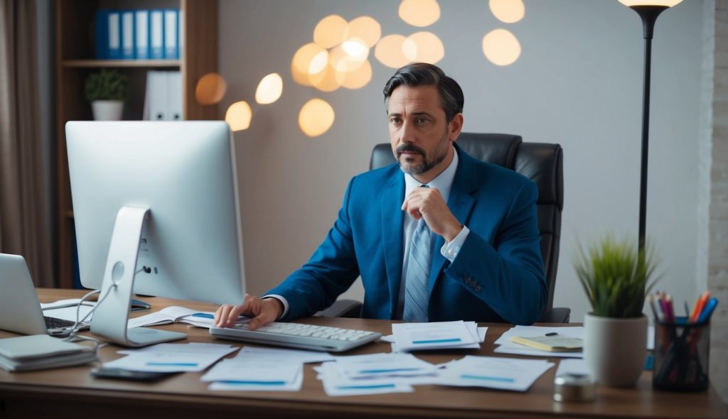 A landlord sitting at his desk in his office. The desk has multiple letters and his computer has emails regarding unpaid rent from tenants