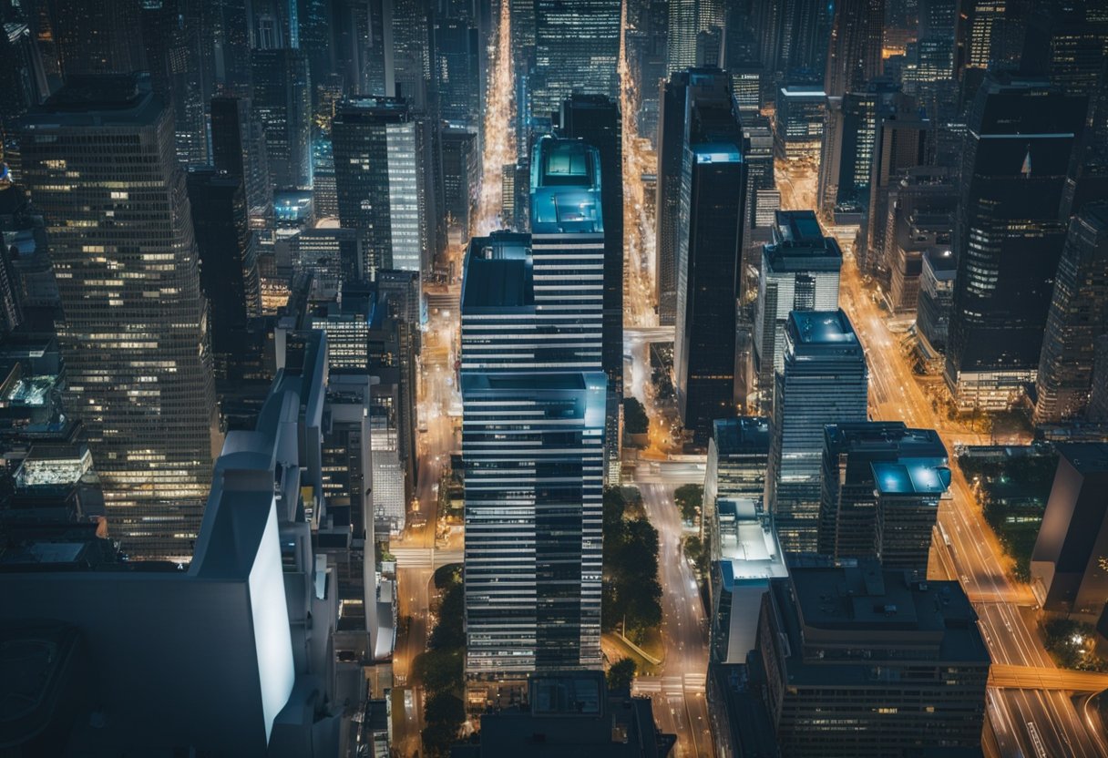 A bustling city skyline with skyscrapers and office buildings, surrounded by busy streets and bustling with activity