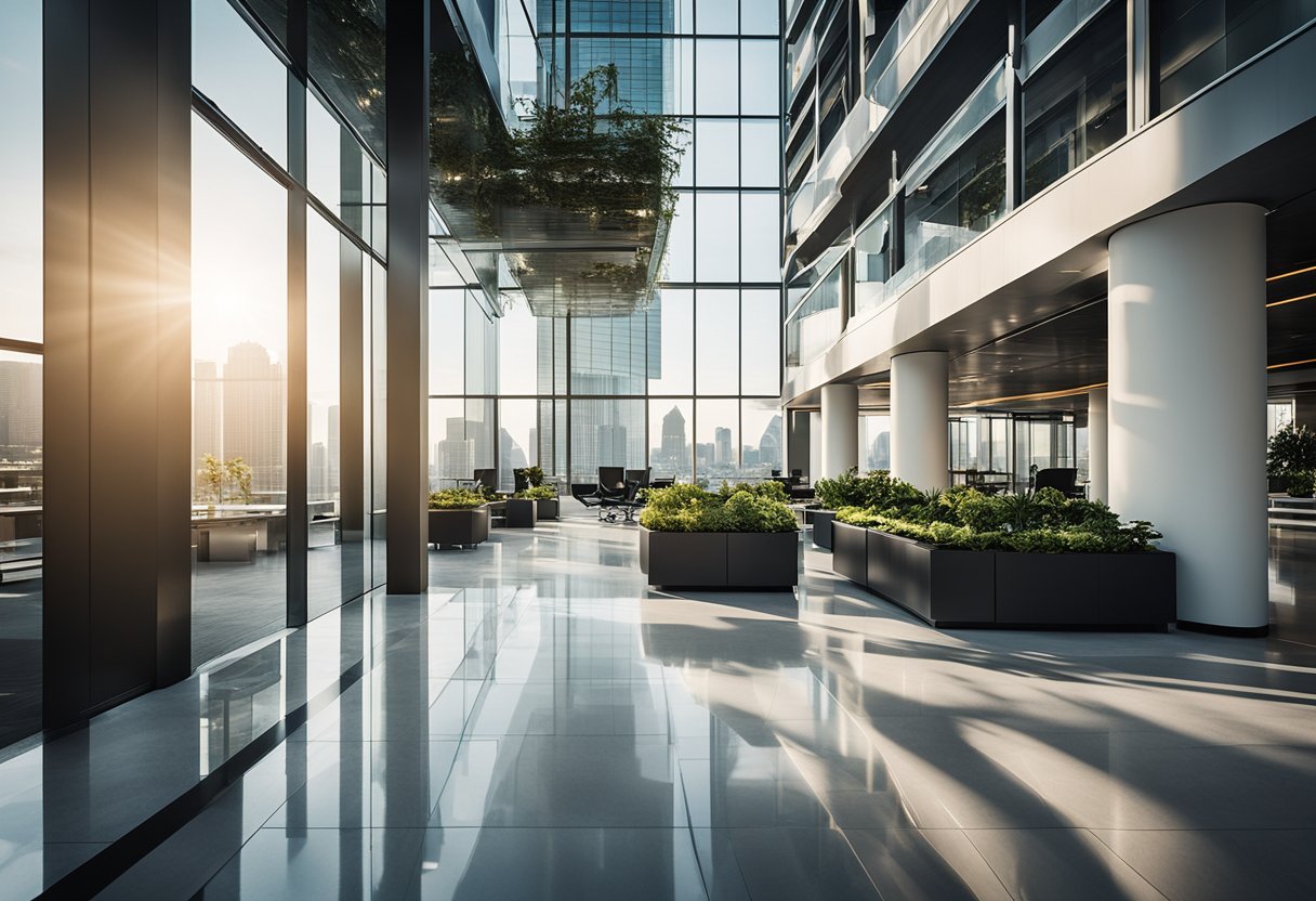 A modern office building with a sleek design and professional landscaping, surrounded by a bustling cityscape