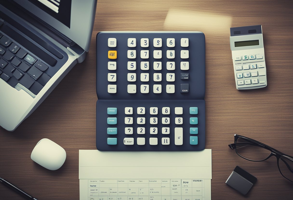 A neatly organized desk with a computer, calculator, and paperwork labeled "Schedule E for rental property."