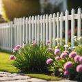 A neatly manicured lawn with a freshly painted fence, blooming flowers, and a well-maintained exterior of a house