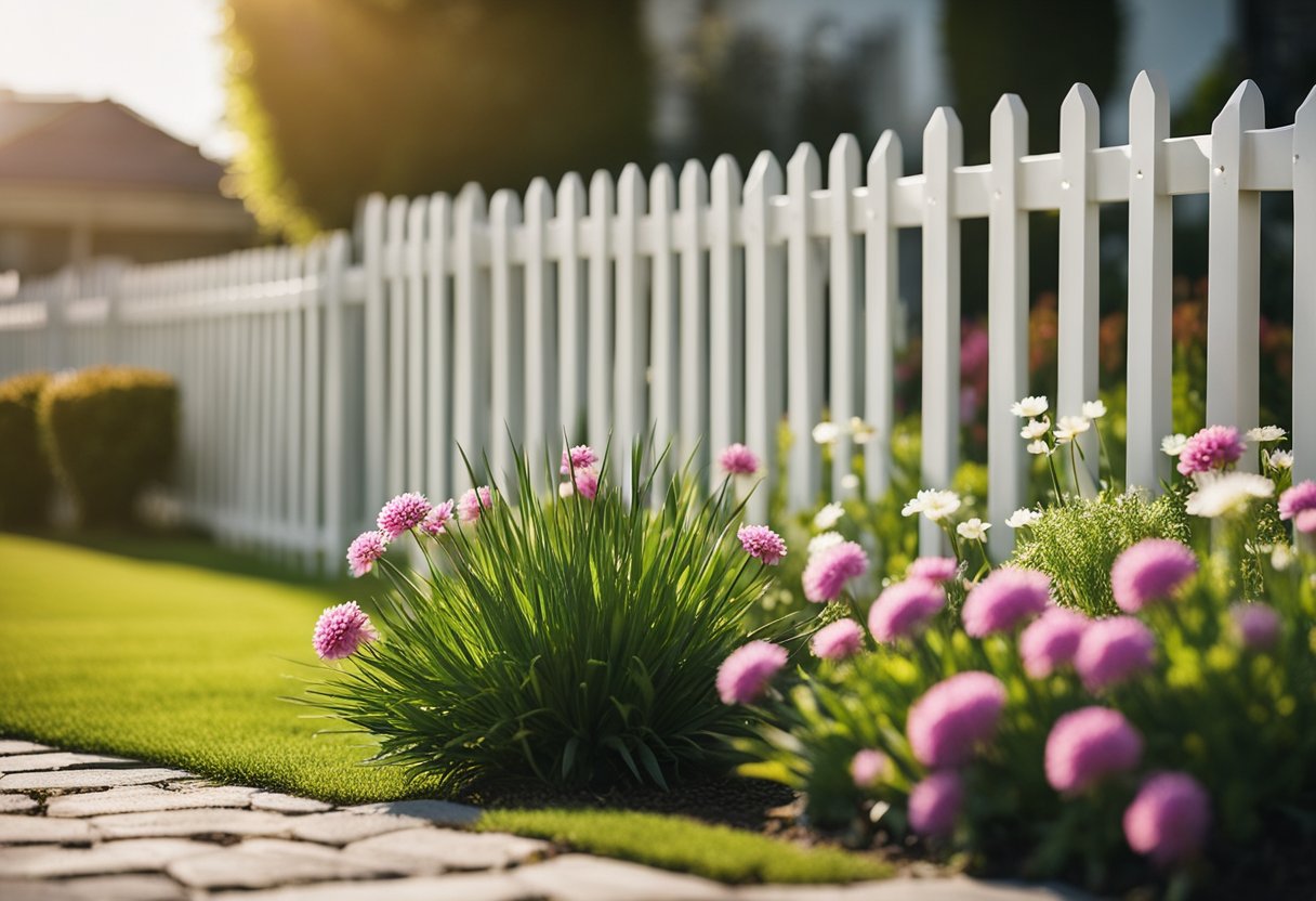 A neatly manicured lawn with a freshly painted fence, blooming flowers, and a well-maintained exterior of a house