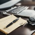 A desk with a ledger, receipts, and a pen. A key ring hangs on the wall