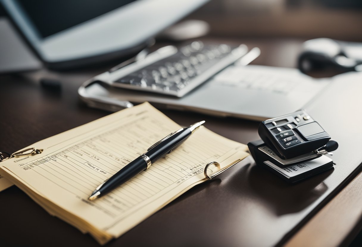 A desk with a ledger, receipts, and a pen. A key ring hangs on the wall