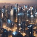 A futuristic city skyline with sleek, AI-powered buildings towering over traditional real estate properties