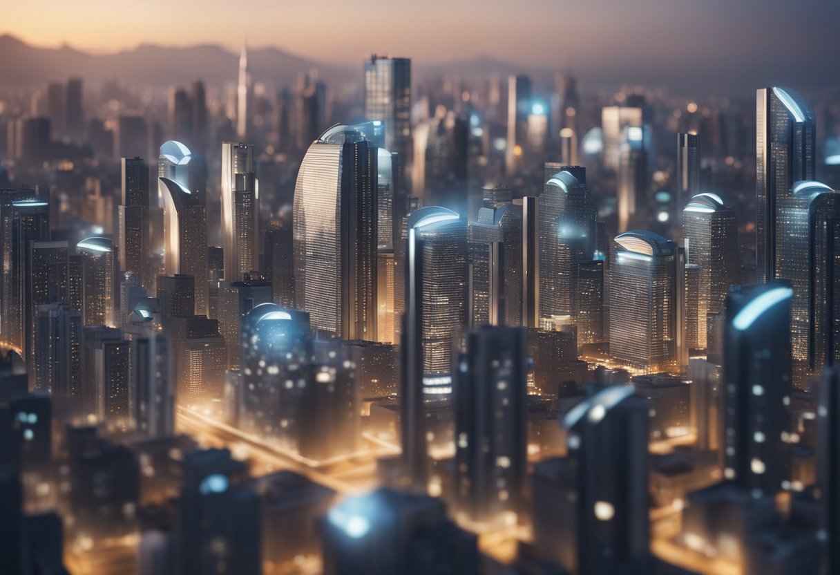 A futuristic city skyline with sleek, AI-powered buildings towering over traditional real estate properties