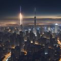 A rocket ship launching above a city skyline at night