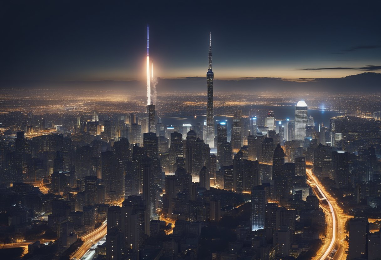 A rocket ship launching above a city skyline at night