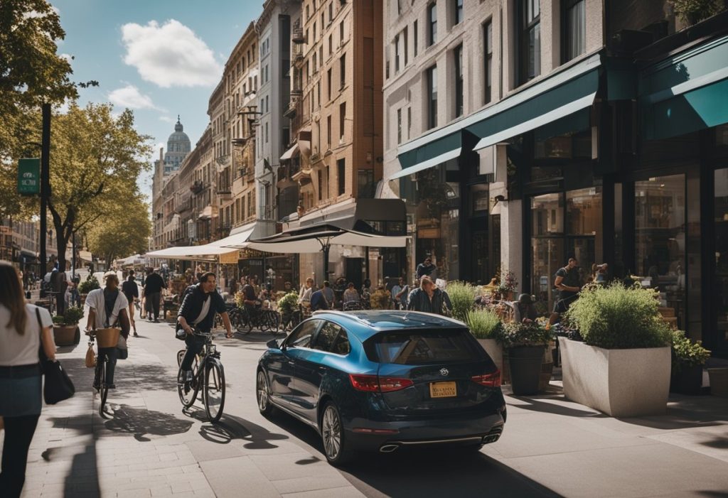 A bustling street with colorful, multi-story buildings featuring a mix of residential and commercial spaces, with people walking and biking along the sidewalks