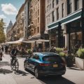 A bustling street with colorful, multi-story buildings featuring a mix of residential and commercial spaces, with people walking and biking along the sidewalks