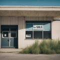 A desolate office building with boarded-up windows and a "For Sale" sign. Weeds grow through the cracks in the parking lot