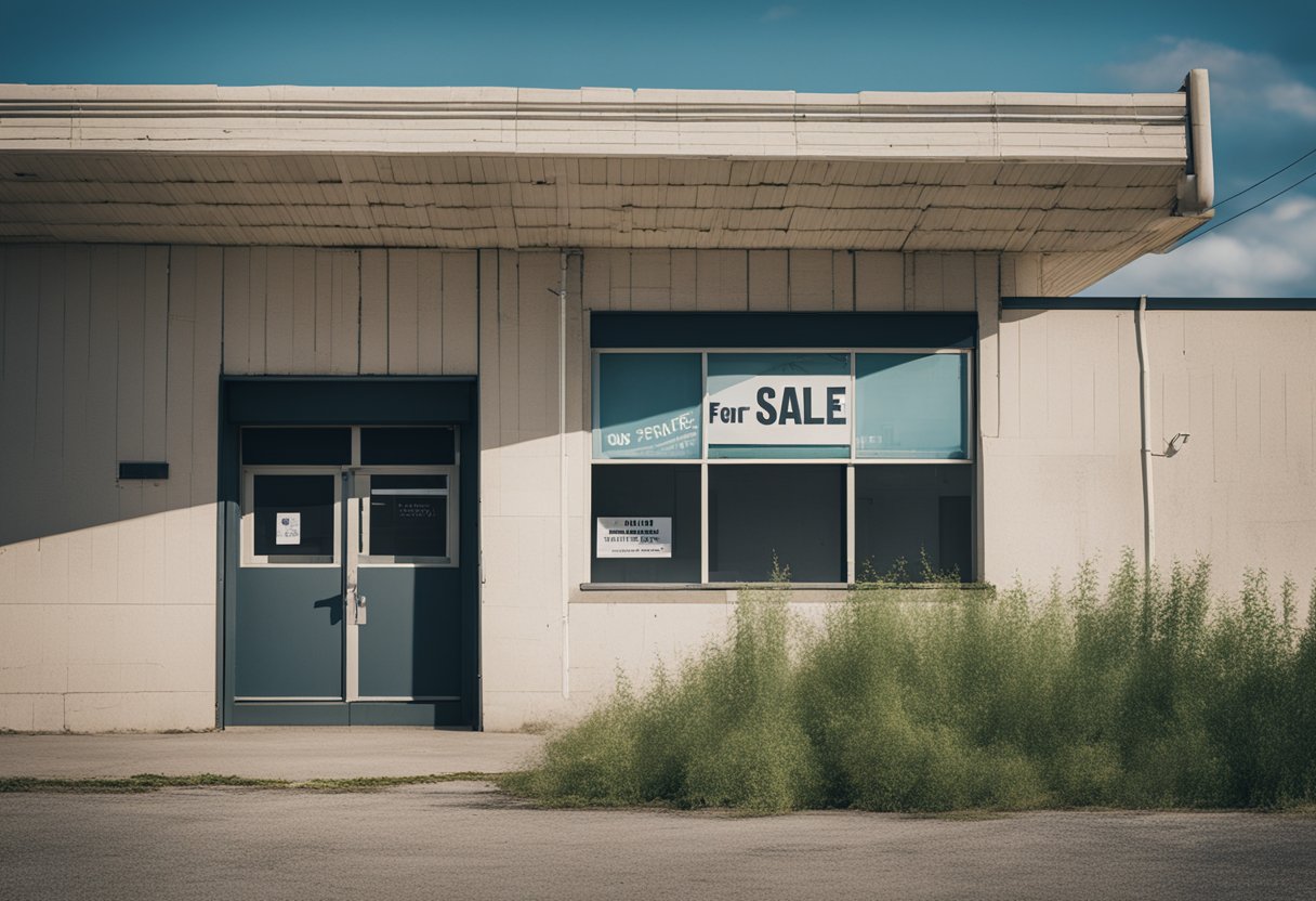 A desolate office building with boarded-up windows and a "For Sale" sign. Weeds grow through the cracks in the parking lot