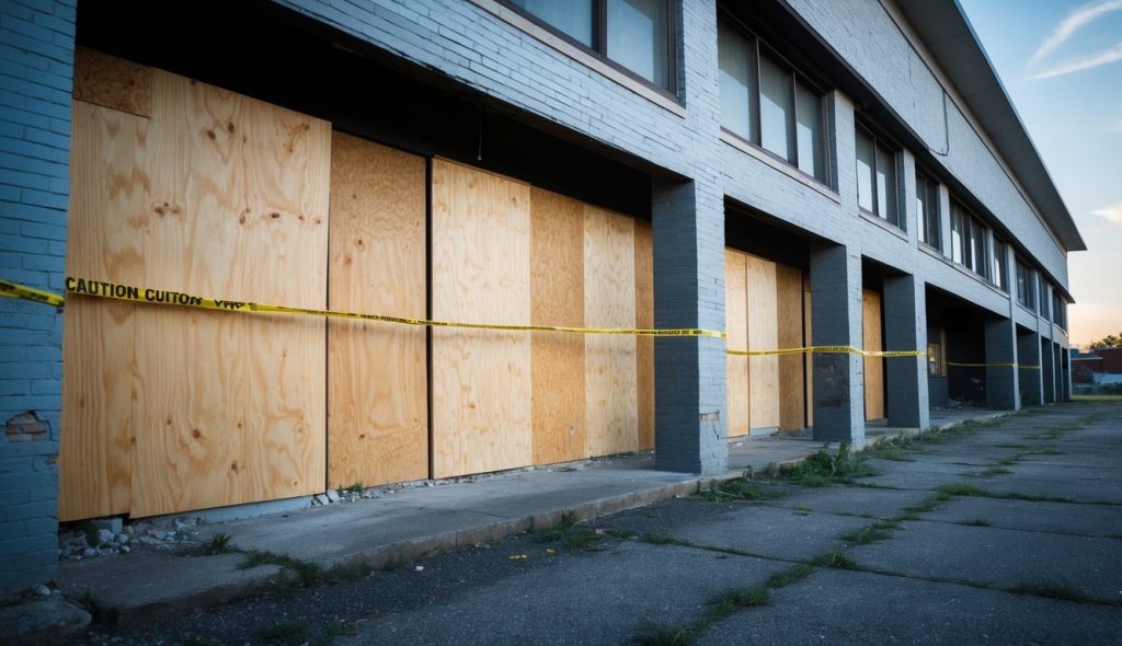 An abandoned commercial building surrounded by caution tape, with boarded-up windows and a crumbling facade, symbolizing hidden risks in real estate bonds