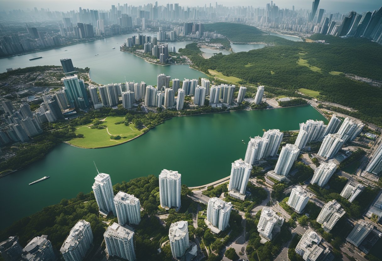 Aerial view of bustling city with skyscrapers and residential buildings surrounded by green spaces and bodies of water