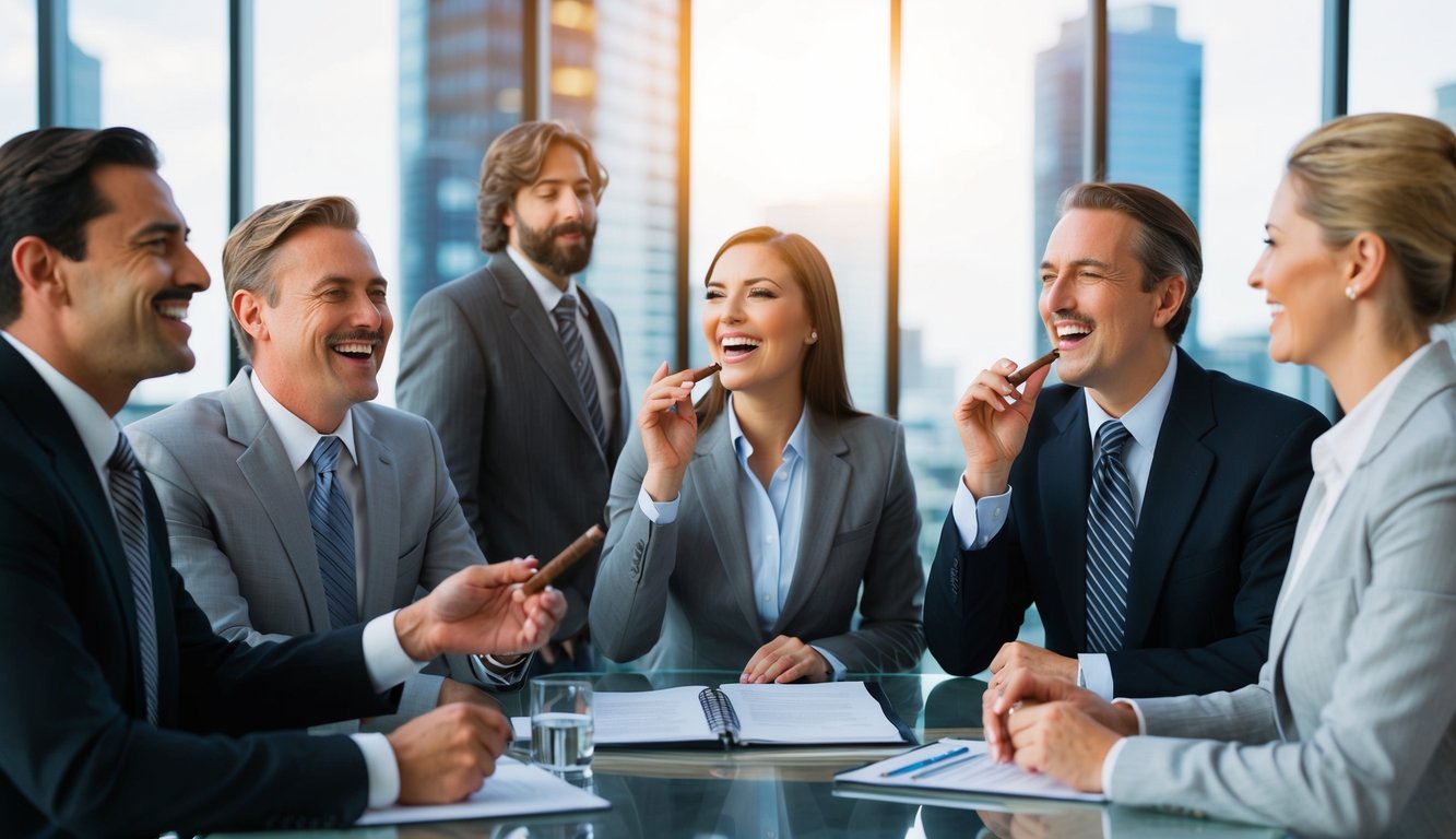 A group of male and female corporate landlords smoking cigars and laughing about the upcoming housing market crash they are creating.