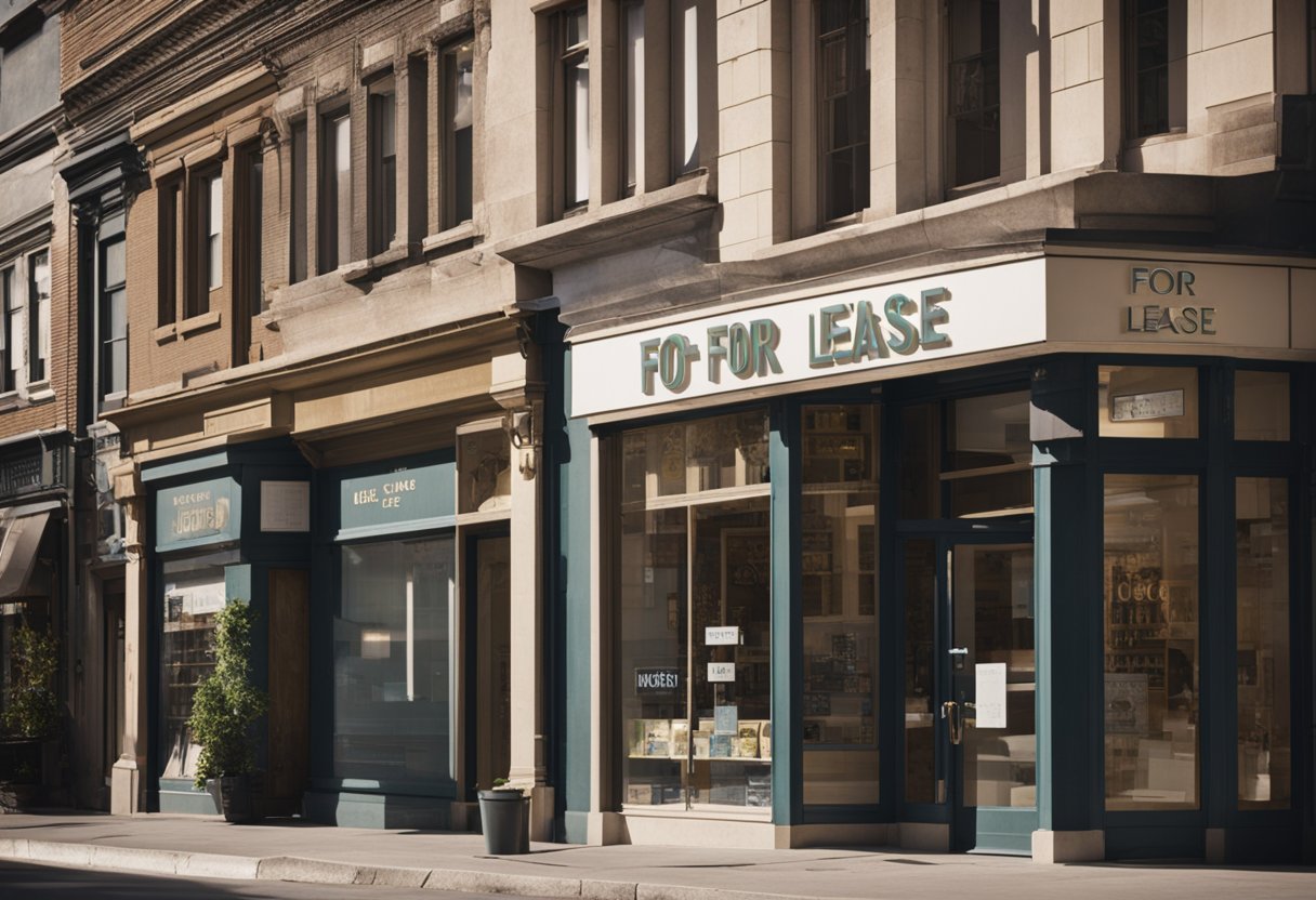 Empty storefronts line the street, "For Lease" signs dotting the windows. Investors survey the area, strategizing potential real estate acquisitions