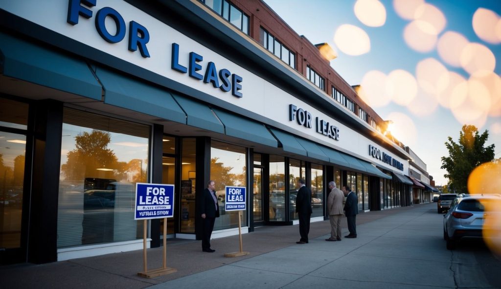 Retail stores closing, "For Lease" signs on storefronts, real estate investors in front of the buildings surveying properties