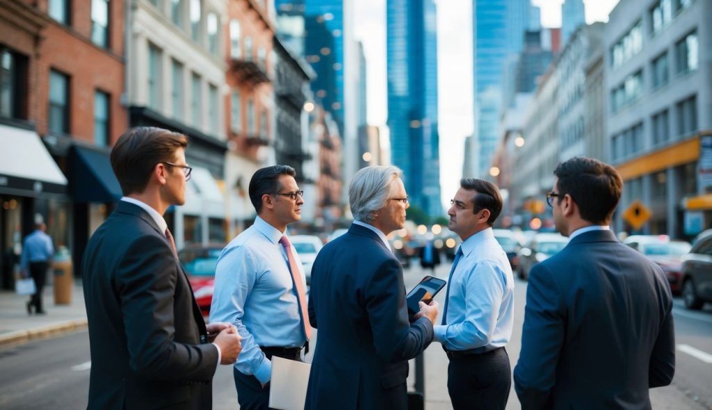 A bustling city street with retail storefronts, while real estate investors survey the area for potential investment opportunities