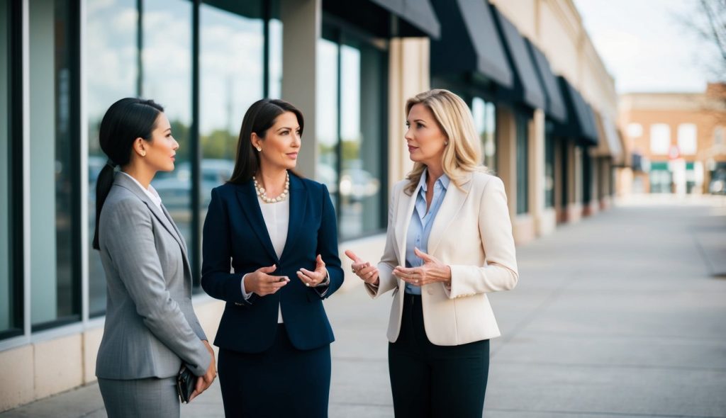 A retail store with a "Closed" sign on the door, surrounded by empty storefronts. Two female real estate investors survey the area, discussing potential mitigation strategies