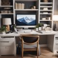 A cozy home office with a desk, computer, and shelves filled with files and receipts. A calculator and tax forms are spread out on the desk