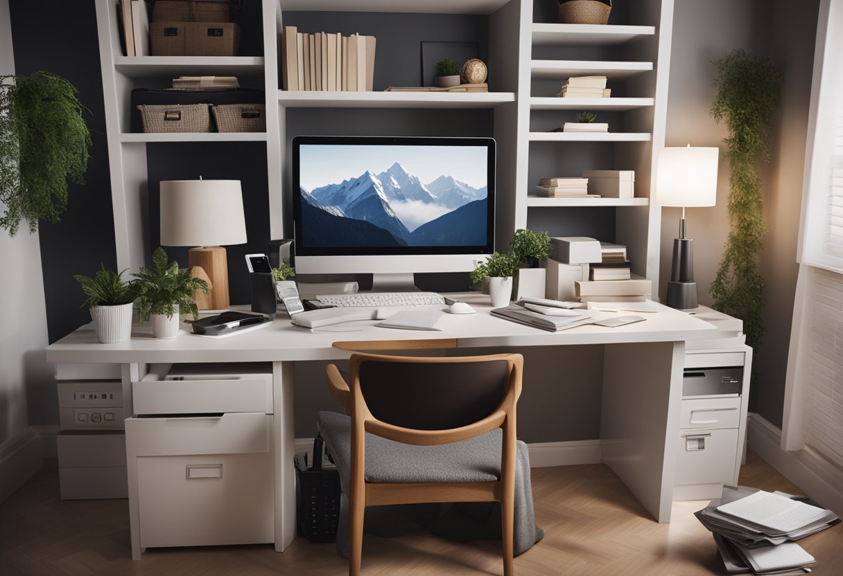 A cozy home office with a desk, computer, and shelves filled with files and receipts. A calculator and tax forms are spread out on the desk