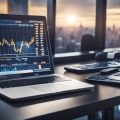 A desk with a laptop, calculator, and financial documents. A graph showing projected profits and losses. A city skyline in the background