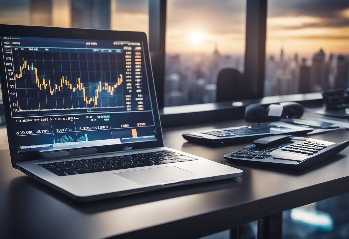 A desk with a laptop, calculator, and financial documents. A graph showing projected profits and losses. A city skyline in the background