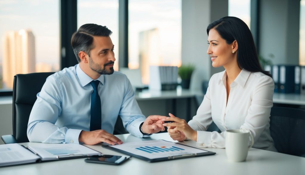 A male and female real estate investor sitting in their office discussing how to create a bullet proof pro forma for real estate investment.