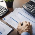 A real estate investor calculating 30% rule with property and financial documents on a desk